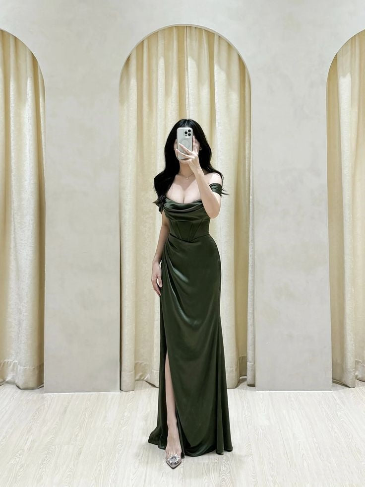 Classy Mermaid Off The Shoulder Green Slit Long Prom Gown Summer Wedding Guest Dress Bridal Guest Dresses Wedding Outfits For Guest W0673