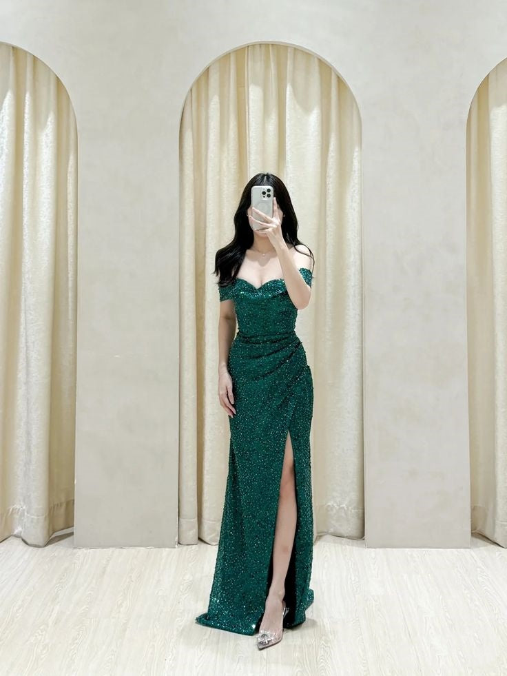 Classy Mermaid Off The Shoulder Dark Green Sequin Slit Long Prom Gown Summer Wedding Guest Dress Bridal Guest Dresses Wedding Outfits For Guest W0678