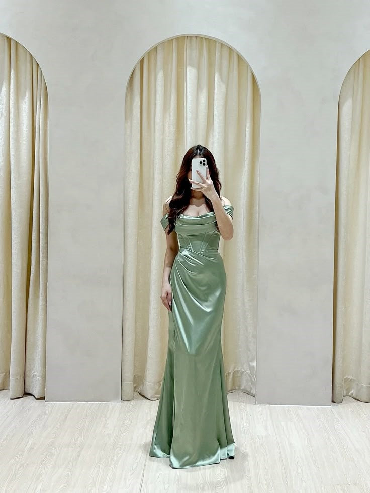 Classy Mermaid Off The Shoulder Sage Green Slit Ruffles Long Prom Gown Summer Wedding Guest Dress Bridal Guest Dresses Wedding Outfits For Guest W0681