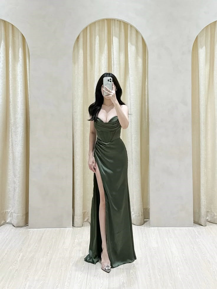 Classy Mermaid Spaghetti Straps Olive Green Slit Ruffles Long Prom Gown Summer Wedding Guest Dress Bridal Guest Dresses Wedding Outfits For Guest W0682