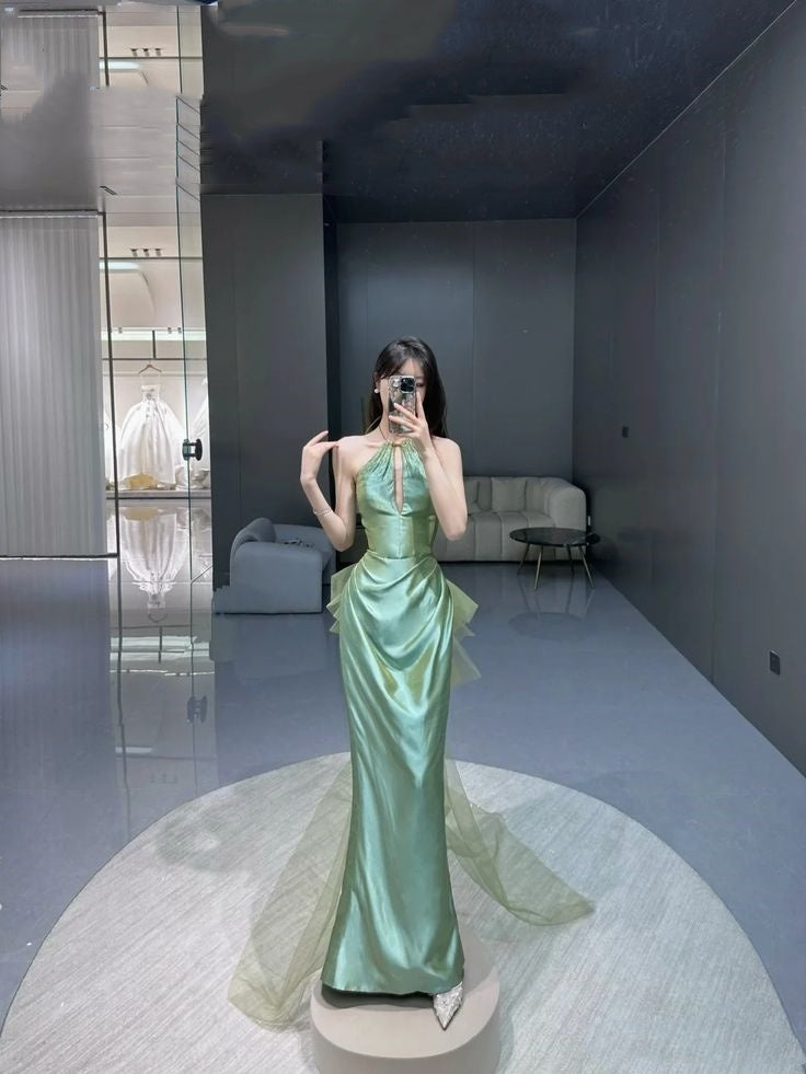 Classy Mermaid Green Satin Long Prom Gown Summer Wedding Guest Dress Bridal Guest Dresses Wedding Outfits For Guest W0694
