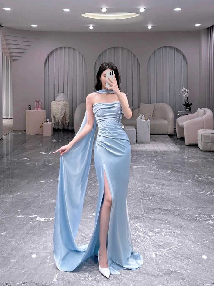 Classy Sheath Strapless Light Sky Blue Slit Ruffles Long Prom Gown Summer Wedding Guest Dress Bridal Guest Dresses Wedding Outfits For Guest W0697