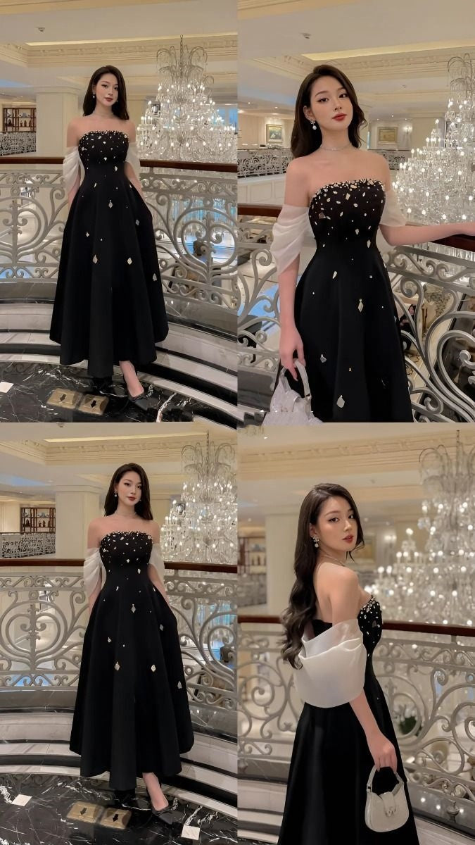 Classy A line Strapless Black Silver Beads Prom Gown Summer Wedding Guest Dress Bridal Guest Dresses Wedding Outfits For Guest W0703