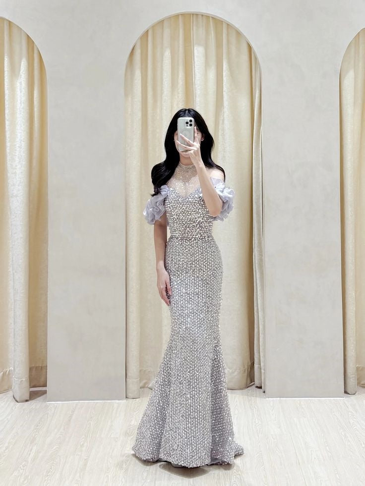 Classy Mermaid High Neck Ruffles Sequin Prom Gown Summer Wedding Guest Dress Bridal Guest Dresses Wedding Outfits For Guest W0704