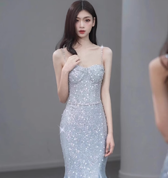 Modest Mermaid Spaghetti Straps Sequins Formal Gown 20th Birthday Dress Prom Dresses Backless 18th Birthday Outfits W0713