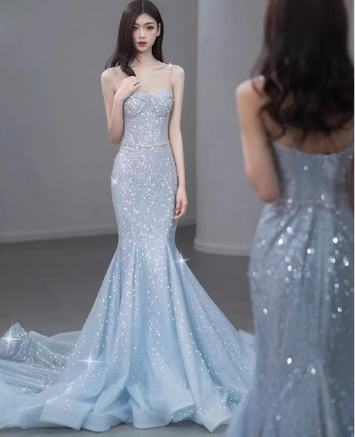 Modest Mermaid Spaghetti Straps Sequins Formal Gown 20th Birthday Dress Prom Dresses Backless 18th Birthday Outfits W0713