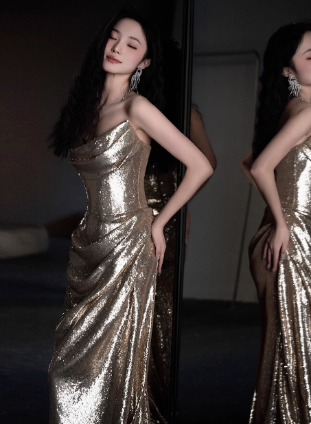 Bescheidenes Meerjungfrau-Kleid, trägerlos, Champagner, Pailletten, formelles Kleid zum 20. Geburtstag, Ballkleider, rückenfrei, Outfits zum 18. Geburtstag, W0723