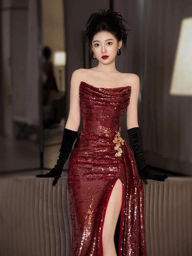 Classy Mermaid Strapless Burgundy Sequin Slit Long Formal Gown Summer Wedding Guest Dress Bridal Guest Dresses Wedding Outfits For Guest W0724
