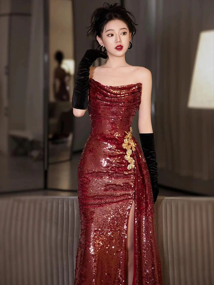 Classy Mermaid Strapless Burgundy Sequin Slit Long Formal Gown Summer Wedding Guest Dress Bridal Guest Dresses Wedding Outfits For Guest W0724