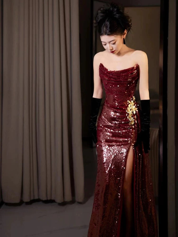 Classy Mermaid Strapless Burgundy Sequin Slit Long Formal Gown Summer Wedding Guest Dress Bridal Guest Dresses Wedding Outfits For Guest W0724