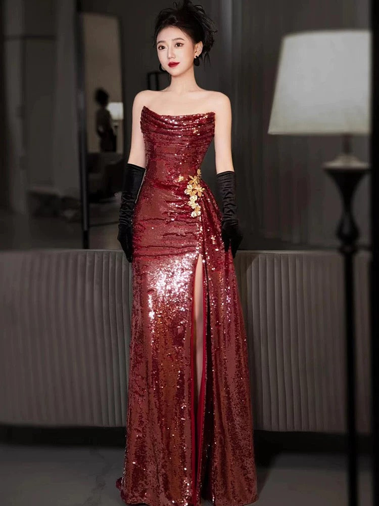Classy Mermaid Strapless Burgundy Sequin Slit Long Formal Gown Summer Wedding Guest Dress Bridal Guest Dresses Wedding Outfits For Guest W0724