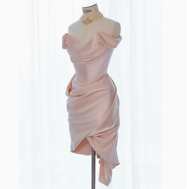 Robe fourreau sexy à épaules dénudées en satin rose, courte, tenue de soirée, robe de cocktail, tenue d'anniversaire, W0725