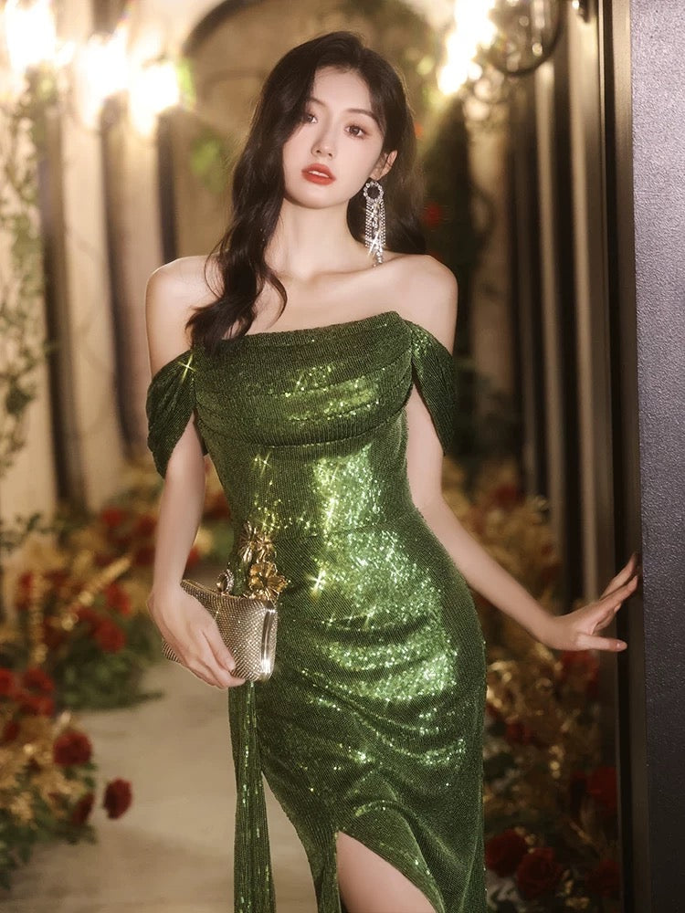 Classy Sheath Off The Shoulder Sequin Green Slit Long Formal Gown Summer Wedding Guest Dress Bridal Guest Dresses Wedding Outfits For Guest W0725