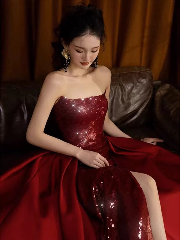Classy Mermaid Strapless Burgundy Sequin Slit Long Prom Gown Summer Wedding Guest Dress Bridal Guest Dresses Wedding Outfits For Guest W0726