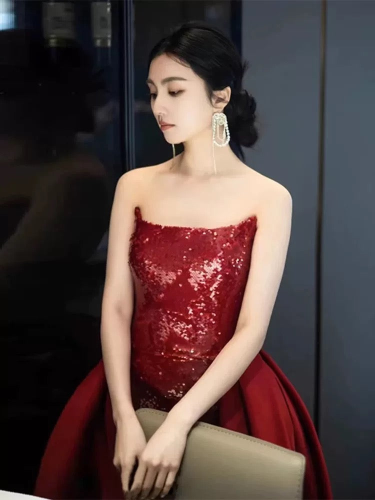 Classy Mermaid Strapless Burgundy Sequin Slit Long Prom Gown Summer Wedding Guest Dress Bridal Guest Dresses Wedding Outfits For Guest W0726