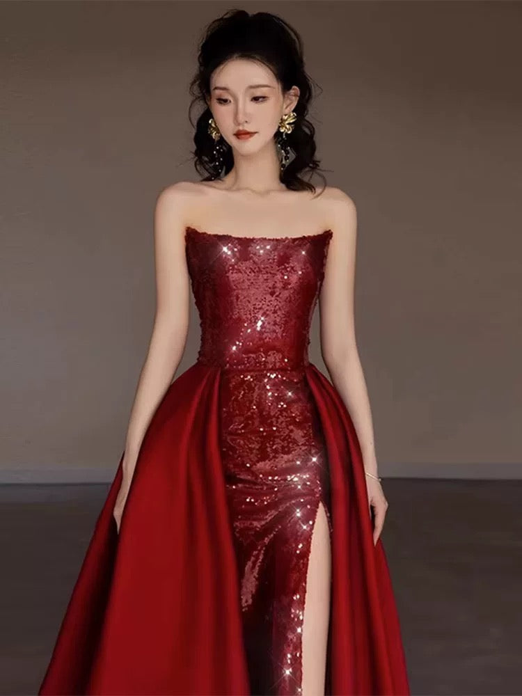 Classy Mermaid Strapless Burgundy Sequin Slit Long Prom Gown Summer Wedding Guest Dress Bridal Guest Dresses Wedding Outfits For Guest W0726