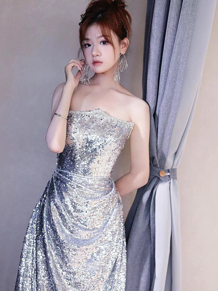 Classy Mermaid Strapless Silver Sequin Long Prom Gown Summer Wedding Guest Dress Bridal Guest Dresses Wedding Outfits For Guest W0727