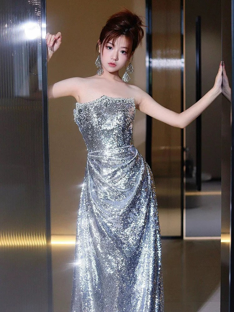 Classy Mermaid Strapless Silver Sequin Long Prom Gown Summer Wedding Guest Dress Bridal Guest Dresses Wedding Outfits For Guest W0727