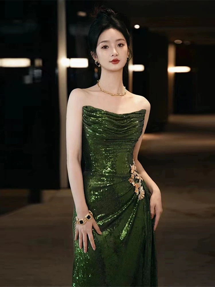 Classy Mermaid Strapless Dark Green Sequin Long Prom Gown Summer Wedding Guest Dress Bridal Guest Dresses Wedding Outfits For Guest W0728