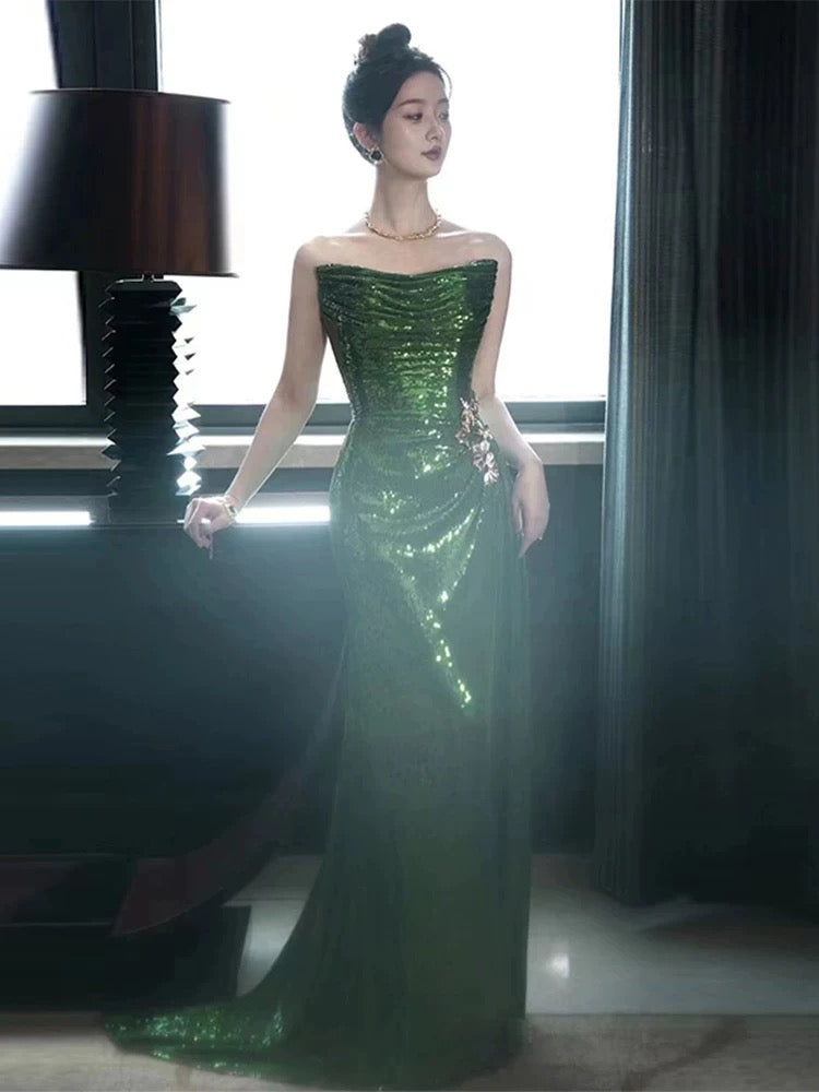 Classy Mermaid Strapless Dark Green Sequin Long Prom Gown Summer Wedding Guest Dress Bridal Guest Dresses Wedding Outfits For Guest W0728