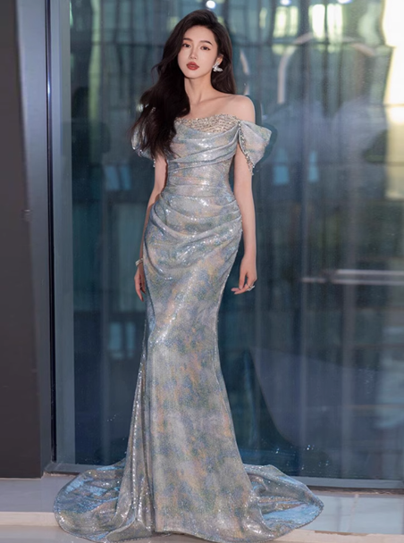 Classy Sheath Off The Shoulder Sequin Long Prom Dresses Formal Gown Summer Wedding Guest Dresses Wedding Guest Outfit W0728