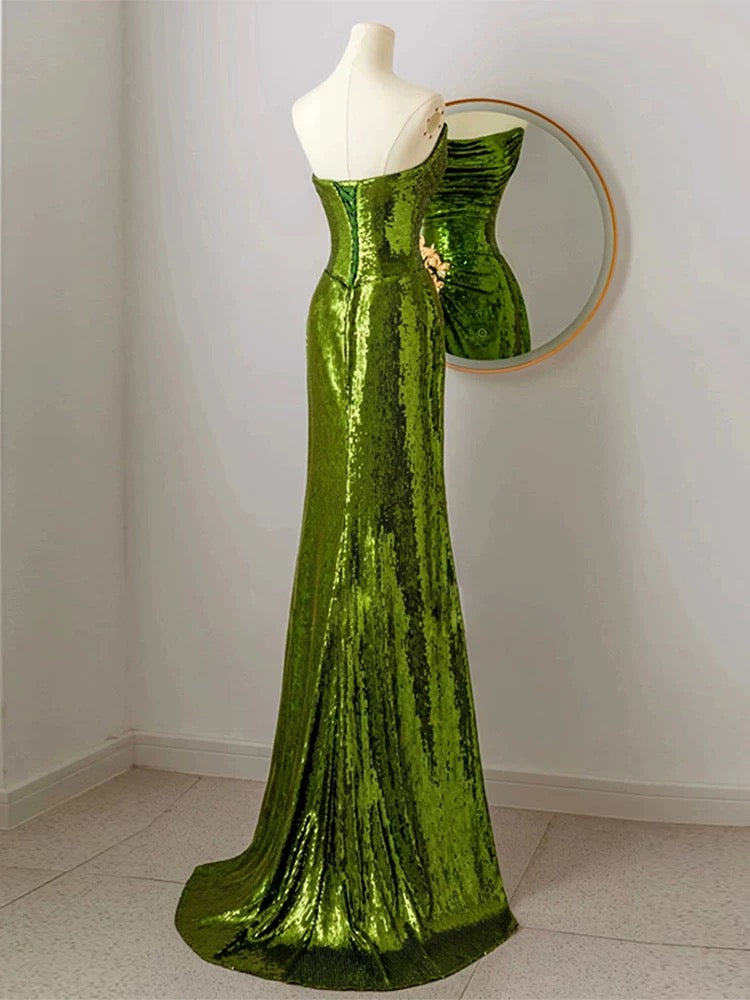 Classy Mermaid Strapless Dark Green Sequin Long Prom Gown Summer Wedding Guest Dress Bridal Guest Dresses Wedding Outfits For Guest W0728
