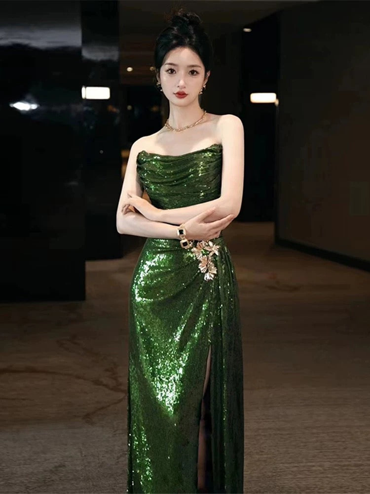 Classy Mermaid Strapless Dark Green Sequin Long Prom Gown Summer Wedding Guest Dress Bridal Guest Dresses Wedding Outfits For Guest W0728