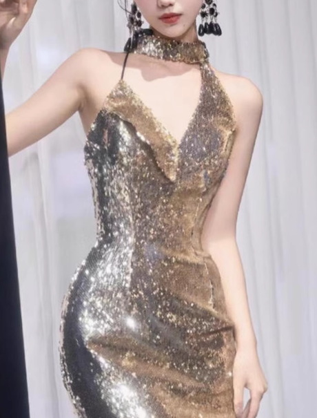 Classy Mermaid Gold Sequin Long Prom Dresses Formal Gown Summer Wedding Guest Dresses Wedding Guest Outfit W0730