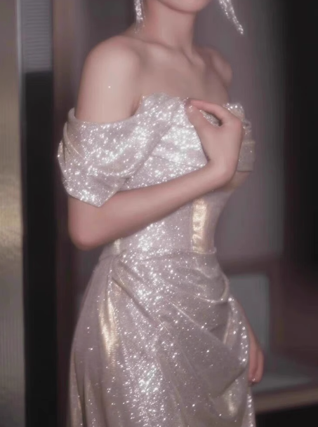 Classy Mermaid Off The Shoulder Champagne Sequin Long Prom Dresses Formal Gown Summer Wedding Guest Dresses Wedding Guest Outfit W0733