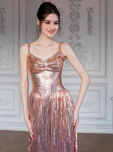 Modest A line Straps Pink Sequin Formal Gown 20th Birthday Dress Prom Dresses 18th Birthday Outfits W0734