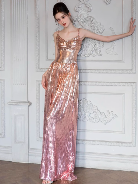 Modest A line Straps Pink Sequin Formal Gown 20th Birthday Dress Prom Dresses 18th Birthday Outfits W0734
