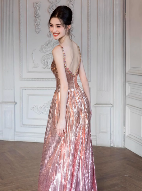 Modest A line Straps Pink Sequin Formal Gown 20th Birthday Dress Prom Dresses 18th Birthday Outfits W0734