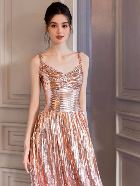 Modest A line Straps Pink Sequin Formal Gown 20th Birthday Dress Prom Dresses 18th Birthday Outfits W0734