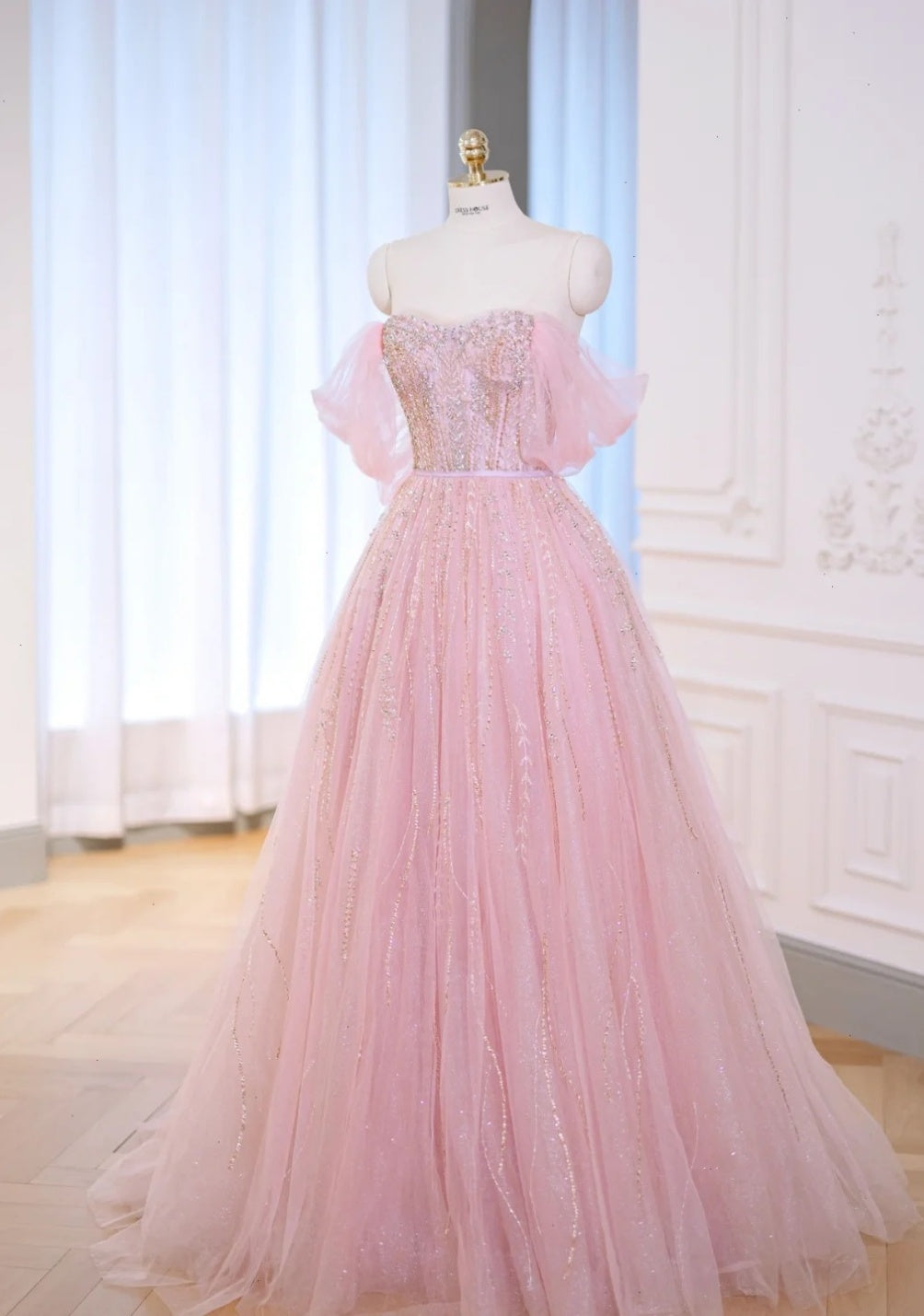 Pretty Ball Gown Sweetheart Tulle Pink Long Quinceanera Dress Formal Gowns Vestido De 15 Anos Sweet 16 Dress W0738