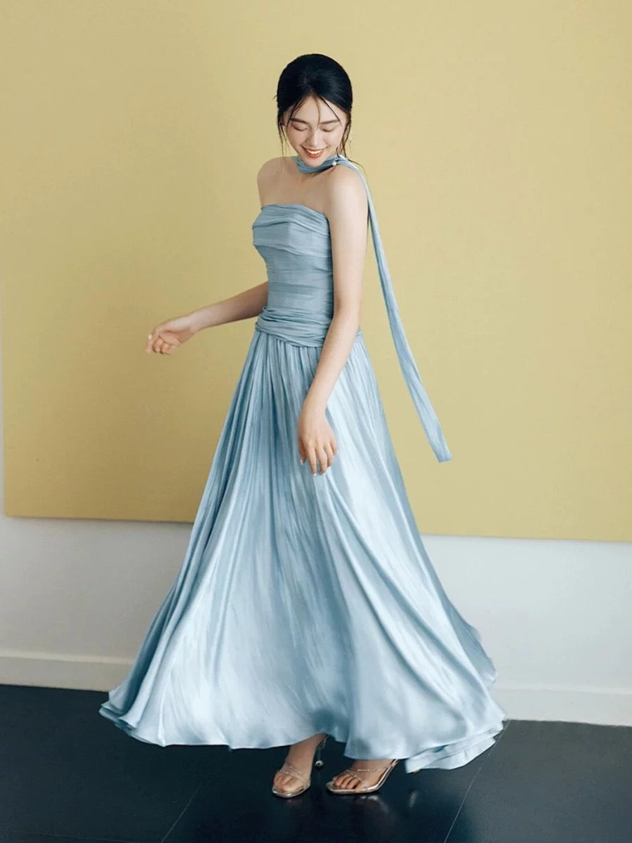 Classy A line Strapless Blue Satin Long Prom Gown Summer Wedding Guest Dress Bridal Guest Dresses Wedding Outfits For Guest W0742