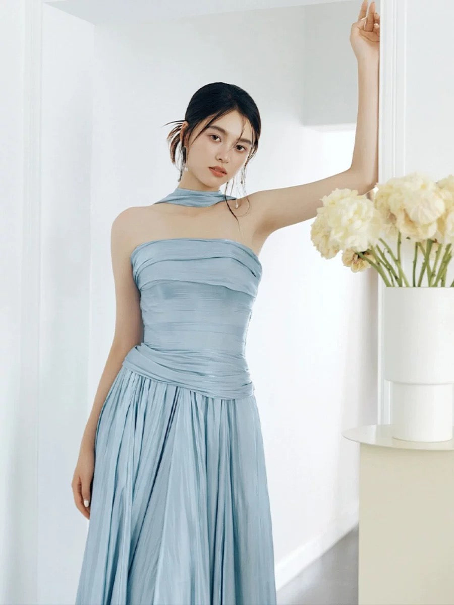 Classy A line Strapless Blue Satin Long Prom Gown Summer Wedding Guest Dress Bridal Guest Dresses Wedding Outfits For Guest W0742