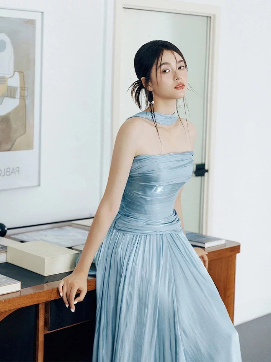 Classy A line Strapless Blue Satin Long Prom Gown Summer Wedding Guest Dress Bridal Guest Dresses Wedding Outfits For Guest W0742