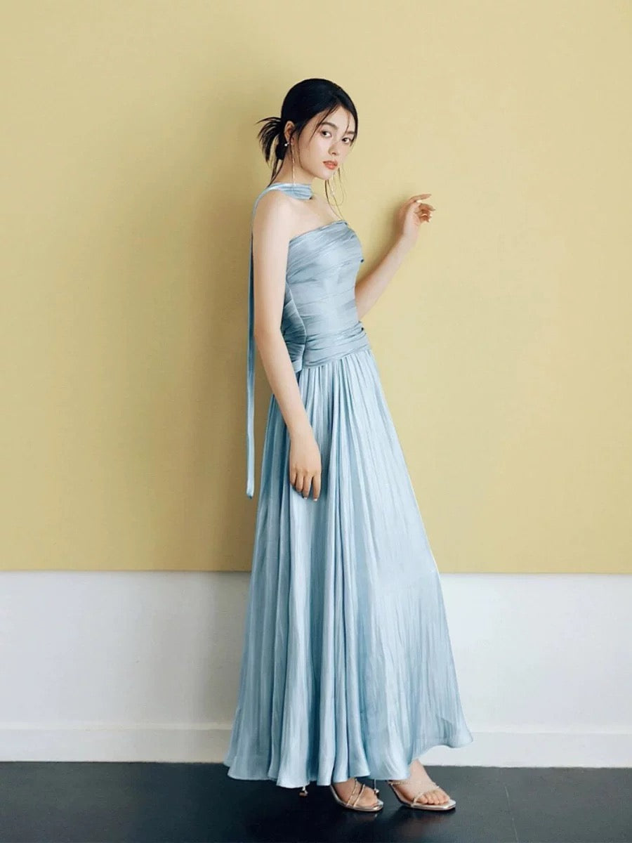 Classy A line Strapless Blue Satin Long Prom Gown Summer Wedding Guest Dress Bridal Guest Dresses Wedding Outfits For Guest W0742