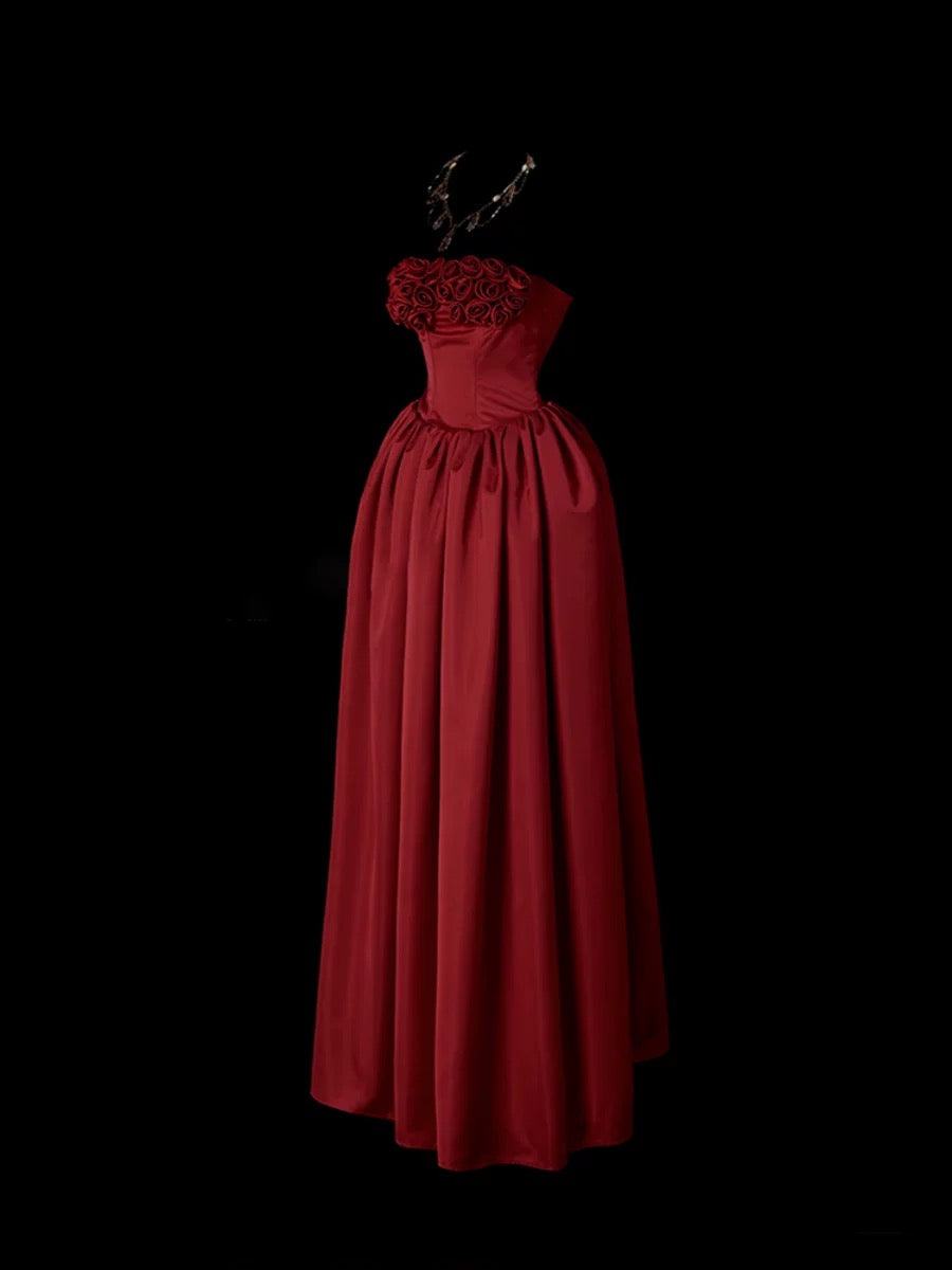 Classy Ball Gown Strapless Burgundy Satin Sleeveless Long Prom Dresses Party Dress Birthday Outfits Graduation Dresses W0743