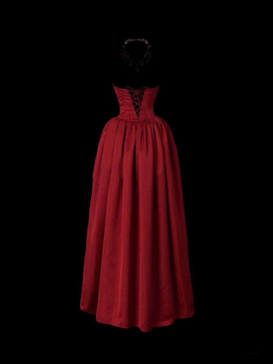Classy Ball Gown Strapless Burgundy Satin Sleeveless Long Prom Dresses Party Dress Birthday Outfits Graduation Dresses W0743
