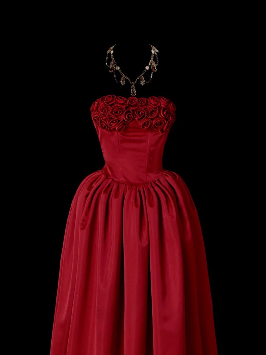 Classy Ball Gown Strapless Burgundy Satin Sleeveless Long Prom Dresses Party Dress Birthday Outfits Graduation Dresses W0743