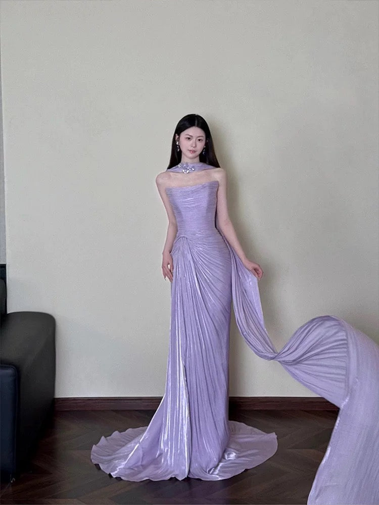 Classy Sheath Strapless Lilac Long Prom Gown Summer Wedding Guest Dress Bridal Guest Dresses Wedding Outfits For Guest With Scarf W0744