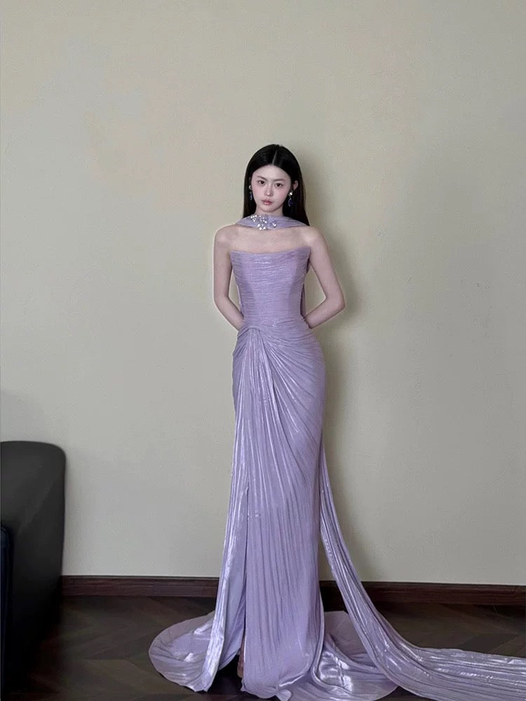 Classy Sheath Strapless Lilac Long Prom Gown Summer Wedding Guest Dress Bridal Guest Dresses Wedding Outfits For Guest With Scarf W0744