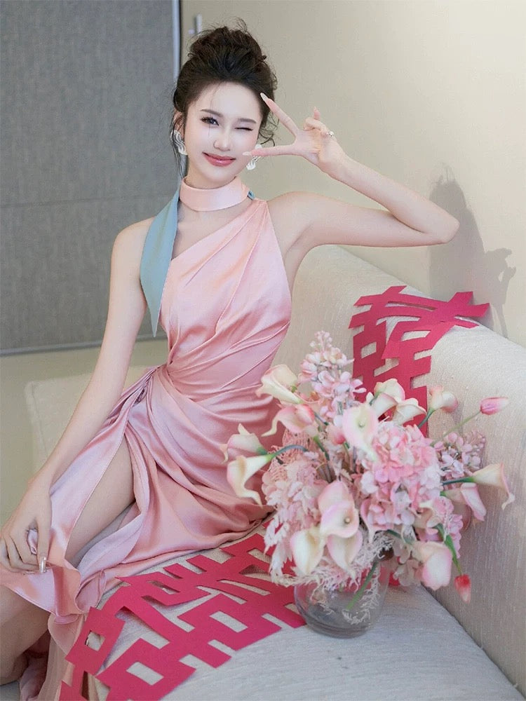 Classy Sheath One Shoulder Pink Satin Slit Long Prom Gown Summer Wedding Guest Dress Bridal Guest Dresses Wedding Outfits For Guest W0749