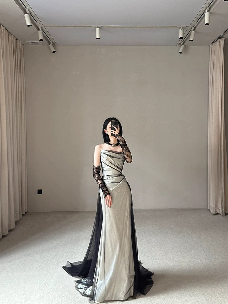 Vintage Wedding Dress Mermaid Strapless Black Summer Long Wedding Dresses Bridal Gowns W0750