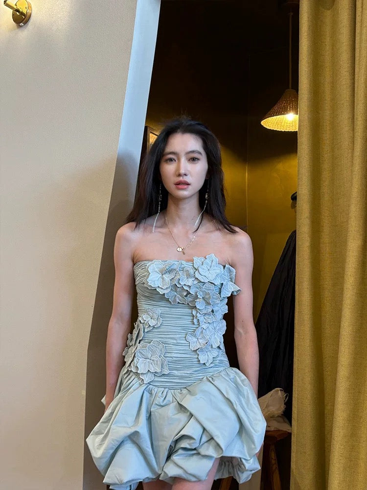 Robe fourreau sexy sans bretelles à fleurs bleues, robe de soirée courte, robe de cocktail d'été Hoco, tenues pour 18e anniversaire W0753