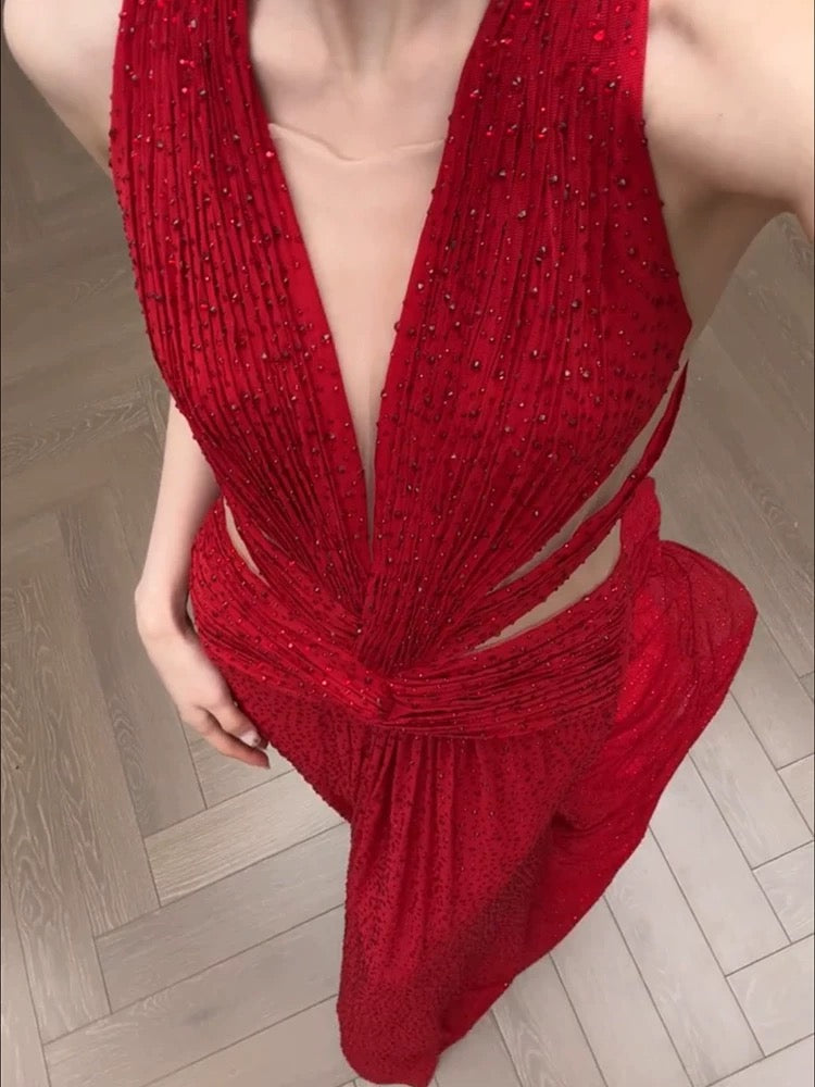 Classy A Line V Neck Red Long Prom Gown Summer Wedding Guest Dress Bridal Guest Dresses Wedding Outfits For Guest W0755