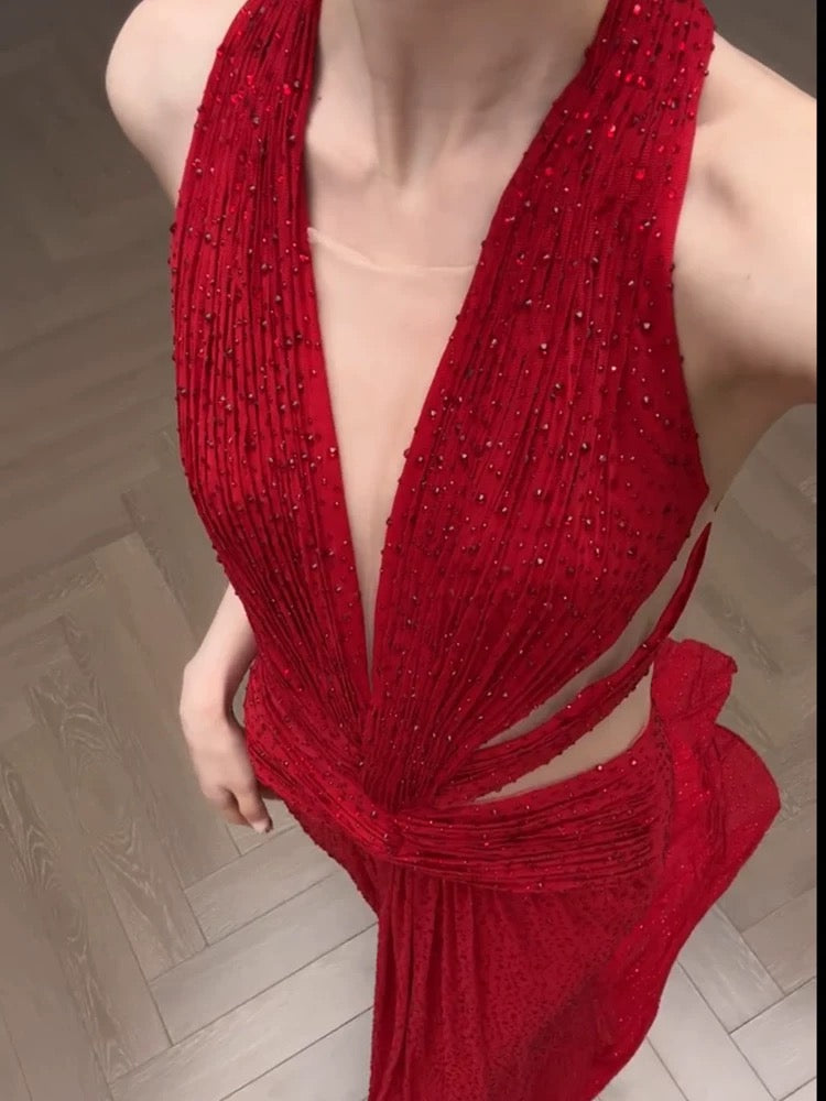 Classy A Line V Neck Red Long Prom Gown Summer Wedding Guest Dress Bridal Guest Dresses Wedding Outfits For Guest W0755