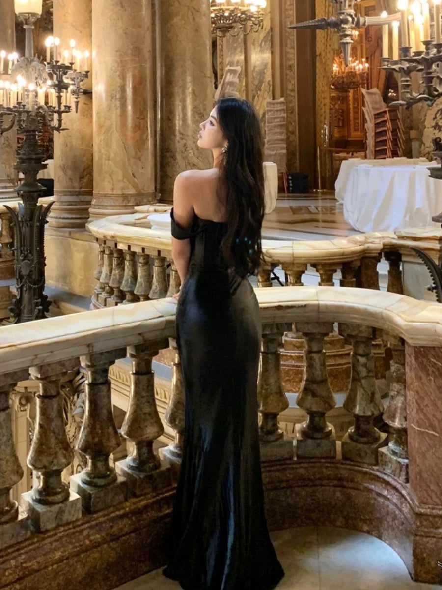 Classy Mermaid Off The Shoulder Black Satin Long Prom Dresses Party Dress Birthday Outfits Graduation Dresses W0757