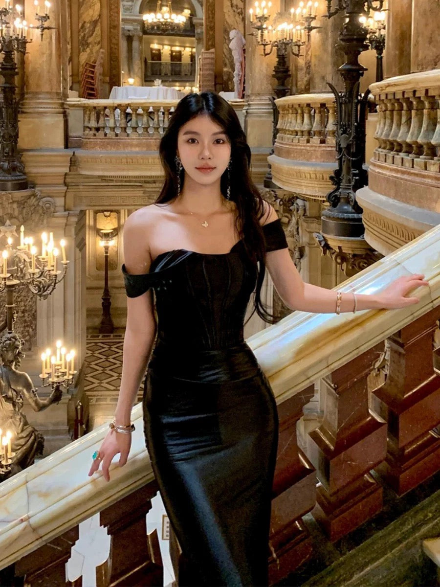 Classy Mermaid Off The Shoulder Black Satin Long Prom Dresses Party Dress Birthday Outfits Graduation Dresses W0757